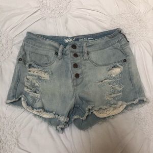 Button Up High Waisted Denim Shorts w Lace Pockets